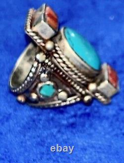 Vintage Navajo Turquoise Silver Wide Ring Size 8 Estate Find