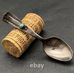 Vintage Navajo Turquoise Spoon Hand Stamped Sterling Silver Brooch Pin