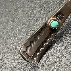 Vintage Navajo Turquoise Spoon Hand Stamped Sterling Silver Brooch Pin
