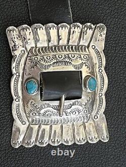 Vintage Navajo Turquoise Sterling Silver Concho Belt Buckle Leather
