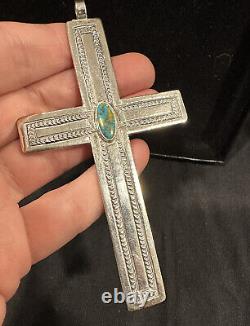 Vintage Old Pawn navajo sterling silver turquoise Large Cross pendant Square Vtg
