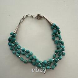 Vintage Sterling Silver Navajo QT Turquoise Three-Strand Bracelet Native America