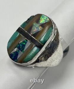 Vintage Sterling Silver Navajo Turquoise Opal MOP Inlaid Native Ring Men's Sz 11