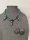 Vintage Turquoise & Sterling Silver Squash Blossoms Necklace With Earrings