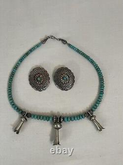 Vintage Turquoise & Sterling Silver Squash Blossoms Necklace With Earrings