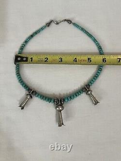 Vintage Turquoise & Sterling Silver Squash Blossoms Necklace With Earrings