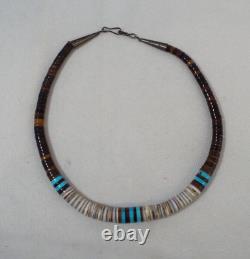 Vtg NAVAJO Heishi Bead Turquoise Shell Sterling Silver Necklace Native American
