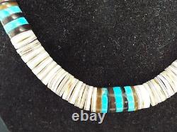 Vtg NAVAJO Heishi Bead Turquoise Shell Sterling Silver Necklace Native American