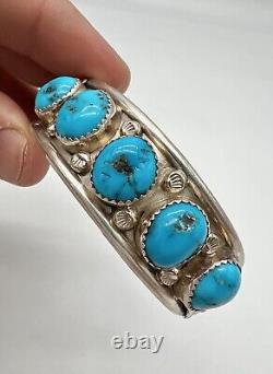 Vtg Navajo Native American Sterling Silver Blue Gem Turquoise Cuff Bracelet