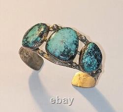 Vtg Navajo Stamped Sterling Silver Kingman Arizona Turquoise Cuff Bracelet 42 Gr