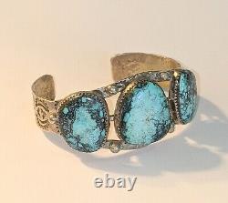 Vtg Navajo Stamped Sterling Silver Kingman Arizona Turquoise Cuff Bracelet 42 Gr