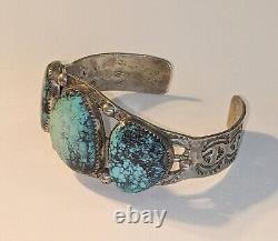 Vtg Navajo Stamped Sterling Silver Kingman Arizona Turquoise Cuff Bracelet 42 Gr