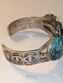 Vtg Navajo Stamped Sterling Silver Kingman Arizona Turquoise Cuff Bracelet 42 Gr