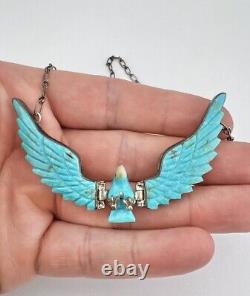 Vtg Navajo Sterling Silver Carved Turquoise 3 Eagle Pendant Necklace