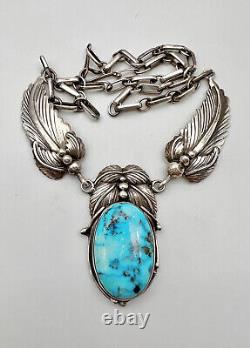 Vtg Navajo Sterling Silver Kingman Turquoise Feather Collar Dangle Necklace 18